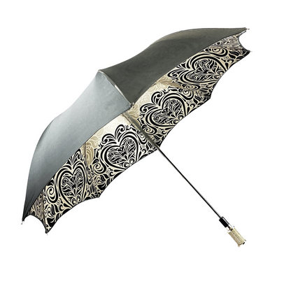Black and White Damask Umbrella with 925 Silver-Plated Handle
