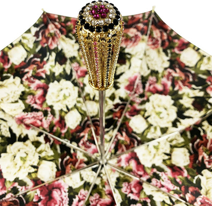 Olive Floral Luxury Umbrella with 24K Gold-Plated Crystal Handle
