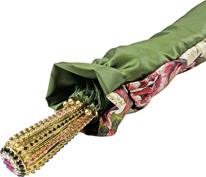 Olive Floral Luxury Umbrella with 24K Gold-Plated Crystal Handle