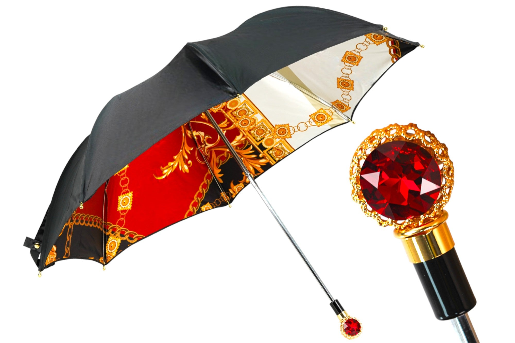 Glamour Black and Red Deluxe Women's Umbrella with Crystal Handle