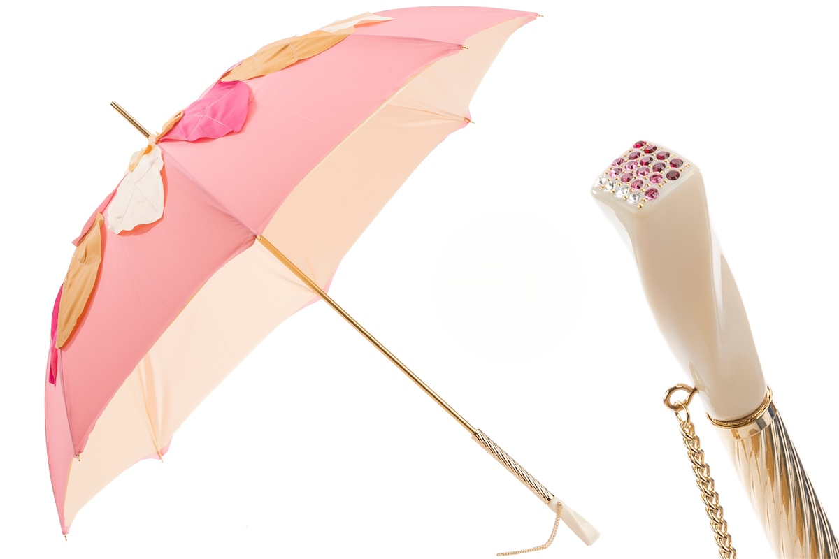Swarovski Handle Beautiful Pink Umbrella with Leaves – Manual Opening