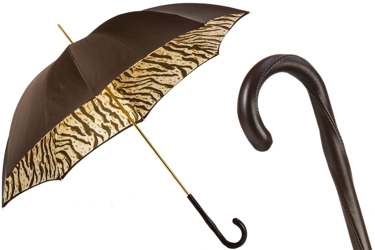 Brown Luxury Double Cloth Canopy Umbrella with Tiger-Striped Interior