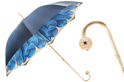 Luxury Blue Dahlia Umbrella – Double Cloth, Handmade in Italy