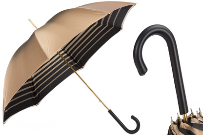 Ivory Double Cloth Umbrella with Striped Interior and Leather Handle