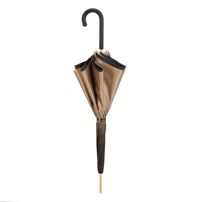 Ivory Double Cloth Umbrella with Striped Interior and Leather Handle