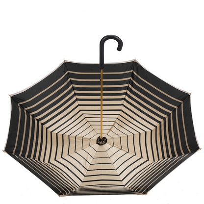 Ivory Double Cloth Umbrella with Striped Interior and Leather Handle