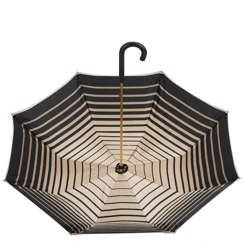 Ivory Double Cloth Umbrella with Striped Interior and Leather Handle