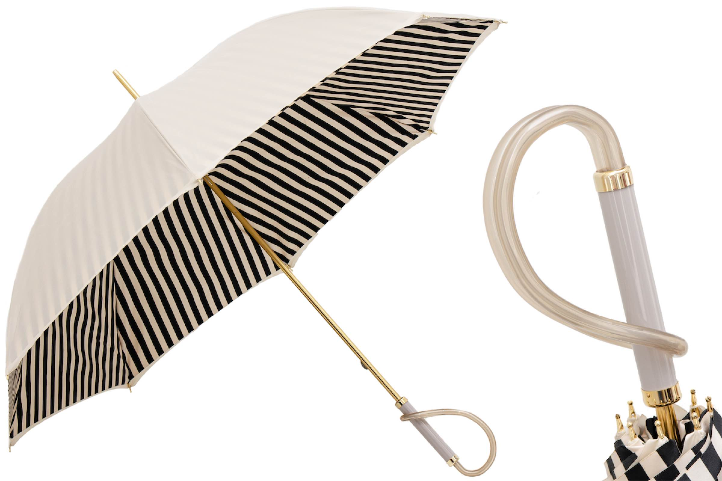 Elegant Ivory Umbrella with Black Stripes and Acetate Handle