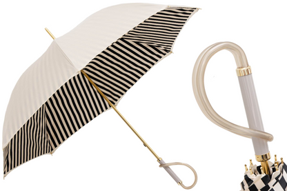 Elegant Ivory Umbrella with Black Stripes and Acetate Handle