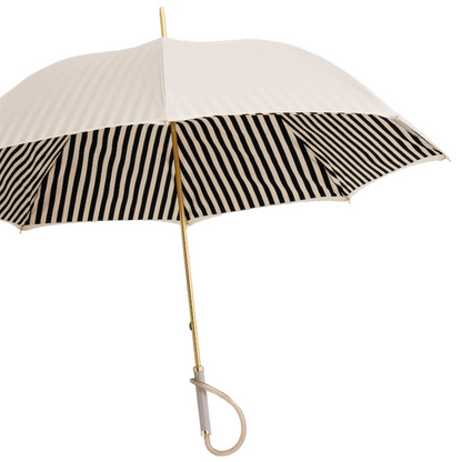 Elegant Ivory Umbrella with Black Stripes and Acetate Handle