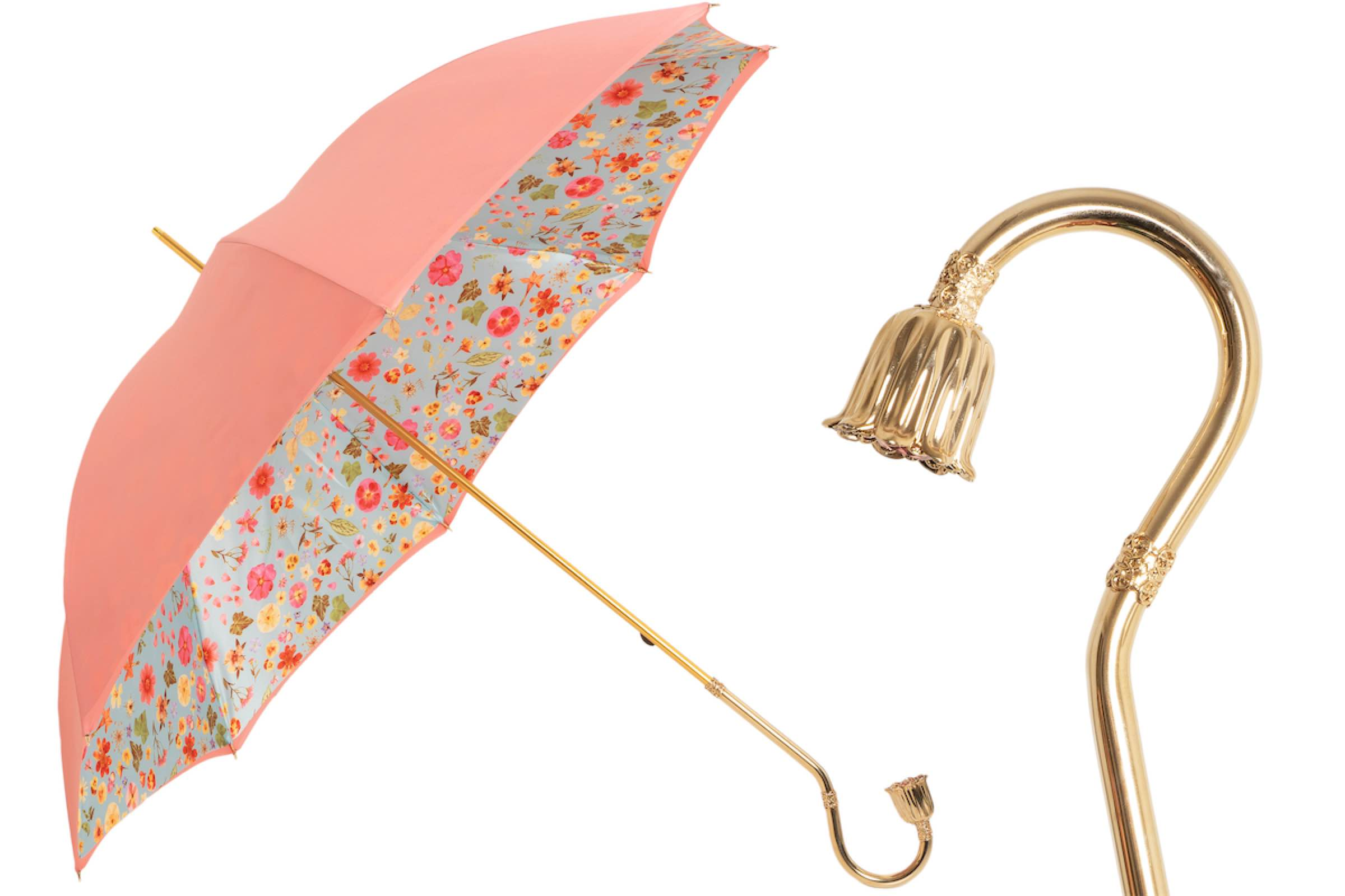 Jeweled Brass Handle Floral Design Manual Opening Umbrella