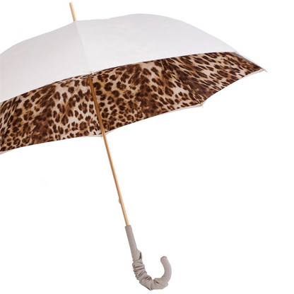 Leopard Print Umbrella with Ruched Leather Handle – Manual Opening
