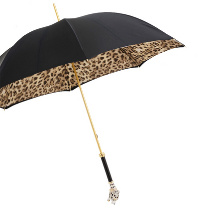 Jaguar Enameled Brass Handle Manual Opening Double Cloth Umbrella