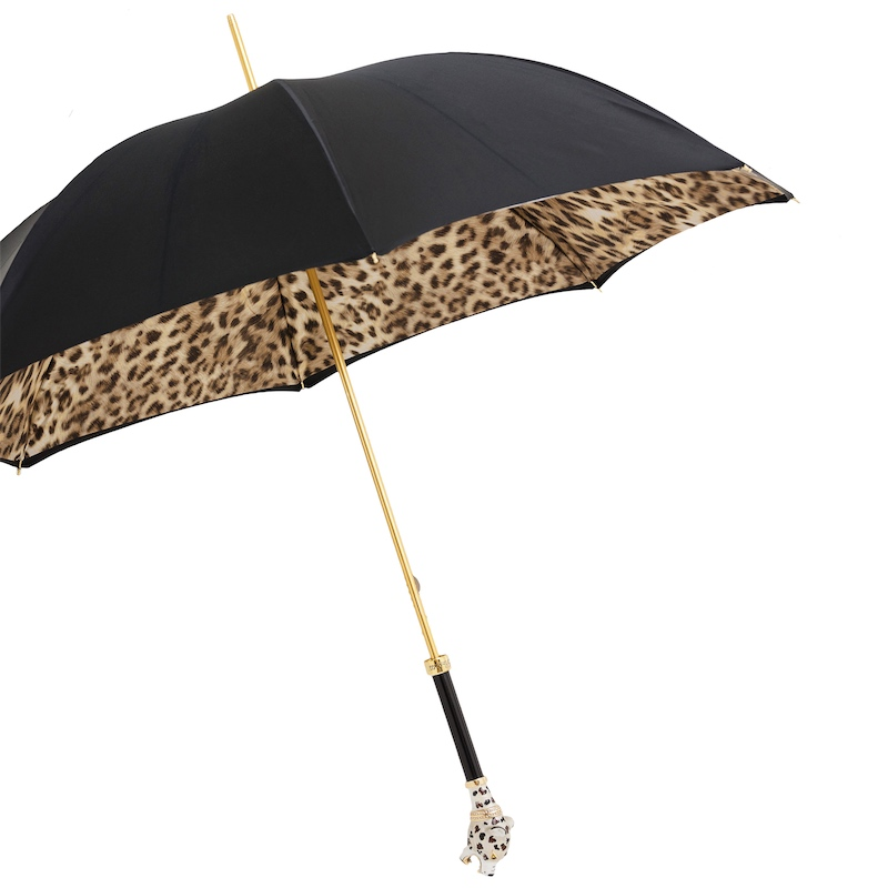 Jaguar Enameled Brass Handle Manual Opening Double Cloth Umbrella