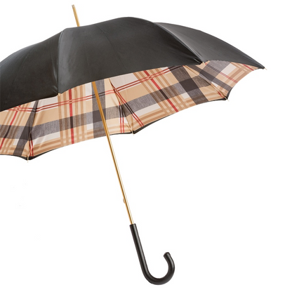 Black Double Cloth Umbrella with Tartan Lining and Leather Handle