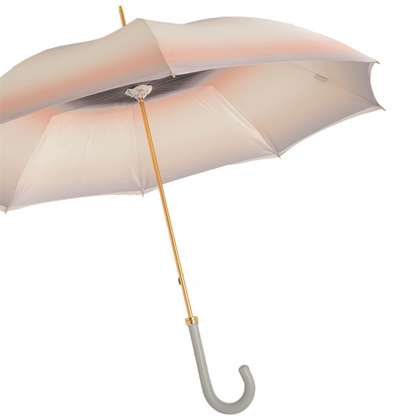 Elegant Grey Ombre Umbrella with Leather Handle, Handmade in Italy