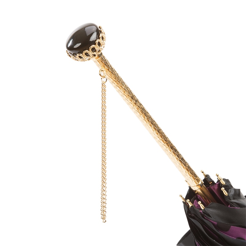 Black Umbrella with Purple Dots Interior – Jeweled Brass Handle