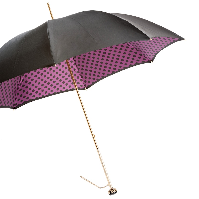 Black Umbrella with Purple Dots Interior – Jeweled Brass Handle