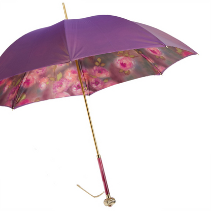 Purple Manual Double Cloth Umbrella with Roses Printed Interior