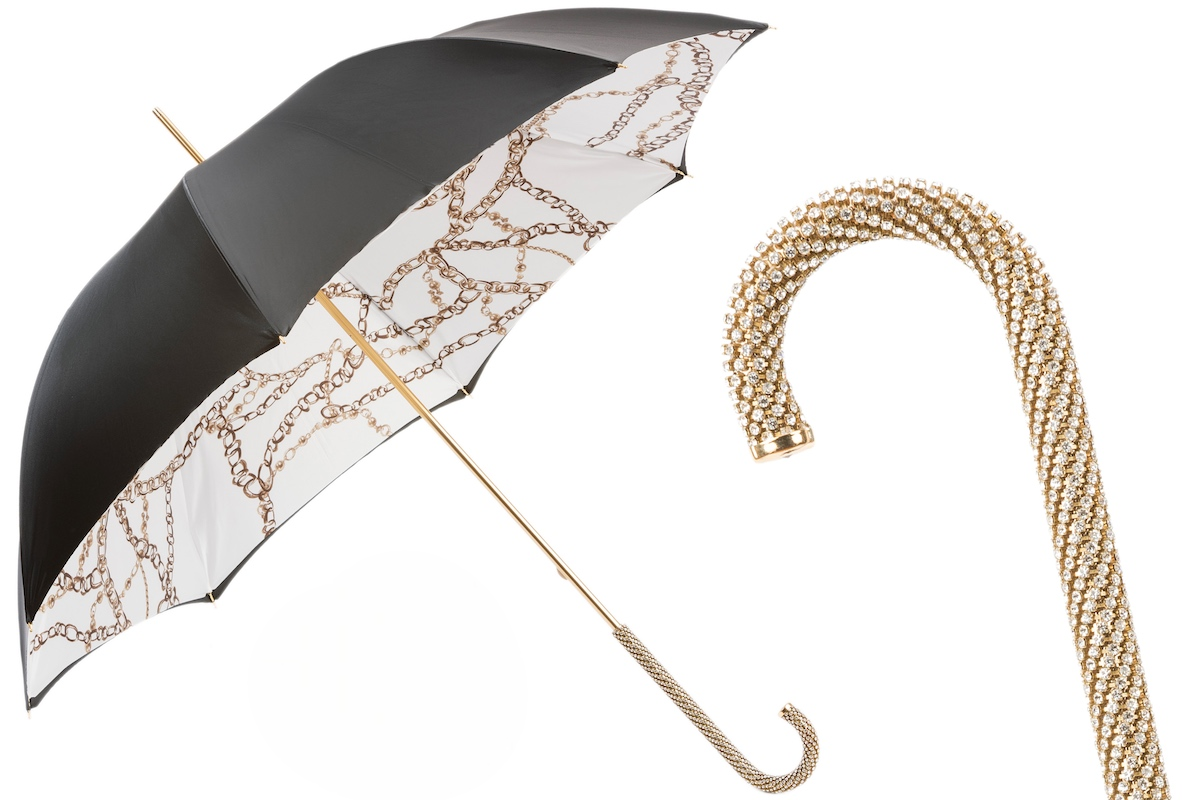 Black Umbrella with Chains Print – Swarovski Crystal Handle