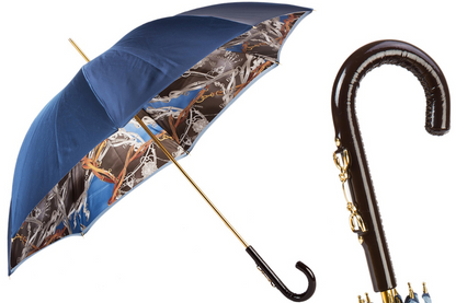 Navy Umbrella with Bridles Print and Leather Stirrup Handle
