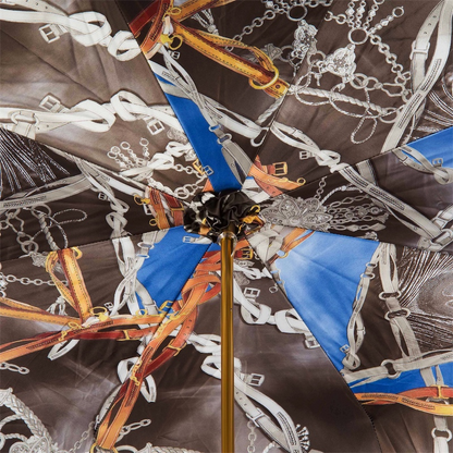 Navy Umbrella with Bridles Print and Leather Stirrup Handle