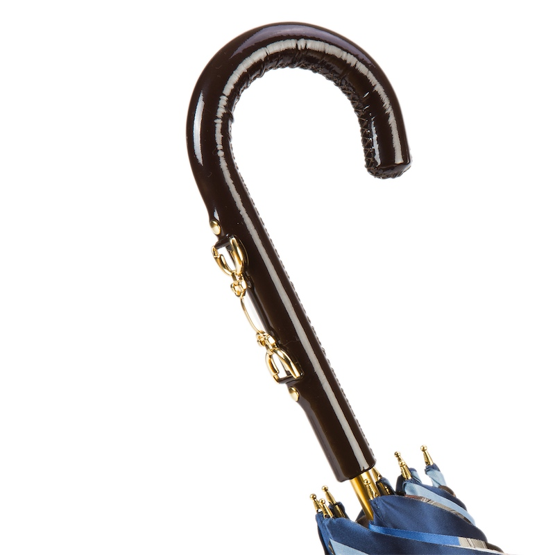Navy Umbrella with Bridles Print and Leather Stirrup Handle