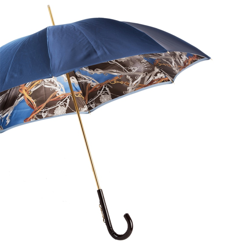 Navy Umbrella with Bridles Print and Leather Stirrup Handle