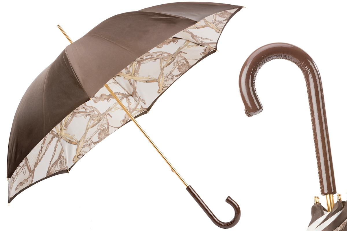 Leather Handle Umbrella with Bridles Print – Manual Opening