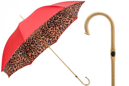 Red Leopard Print Double Cloth with Brass Handle Umbrella