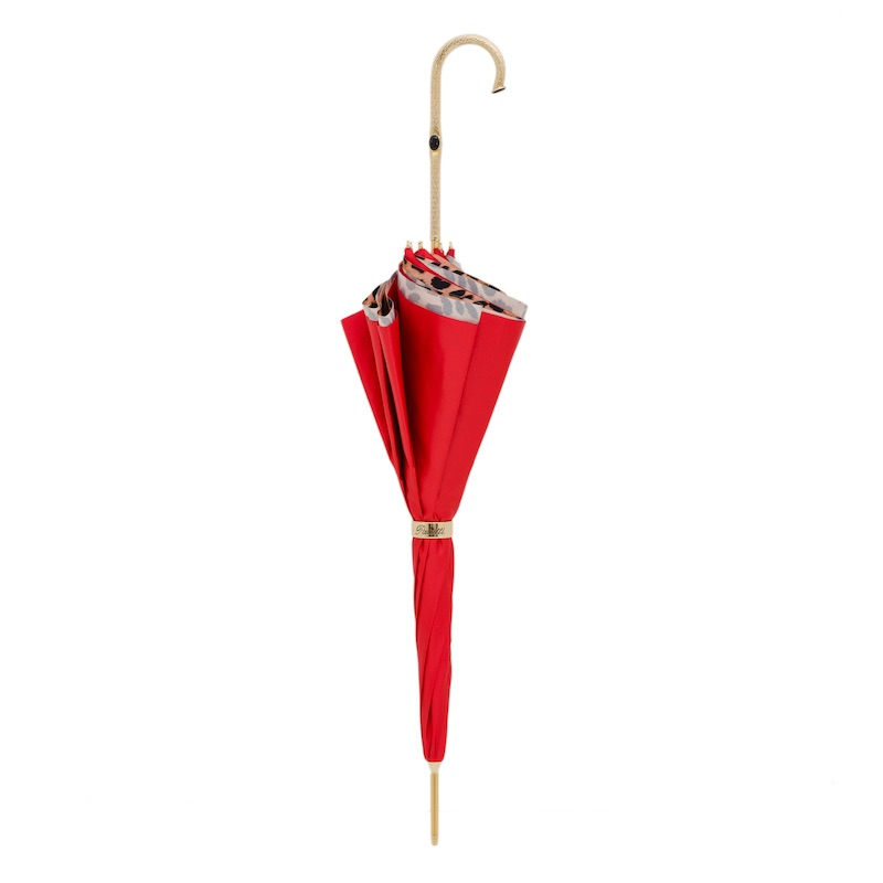 Red Leopard Print Double Cloth with Brass Handle Umbrella