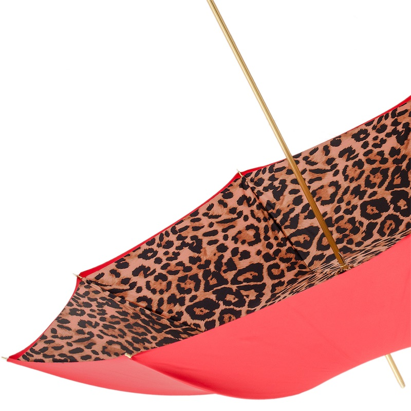 Red Leopard Print Double Cloth with Brass Handle Umbrella