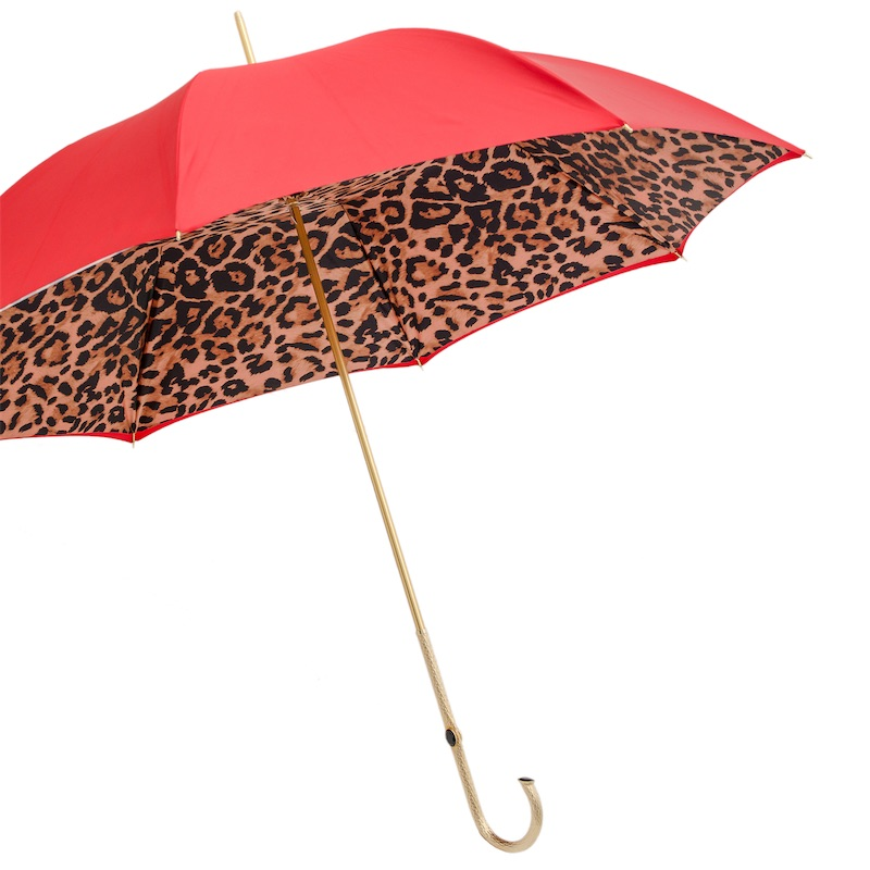 Red Leopard Print Double Cloth with Brass Handle Umbrella