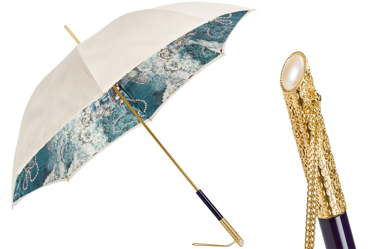 Jeweled Handle Double Cloth Vintage Pearled Umbrella