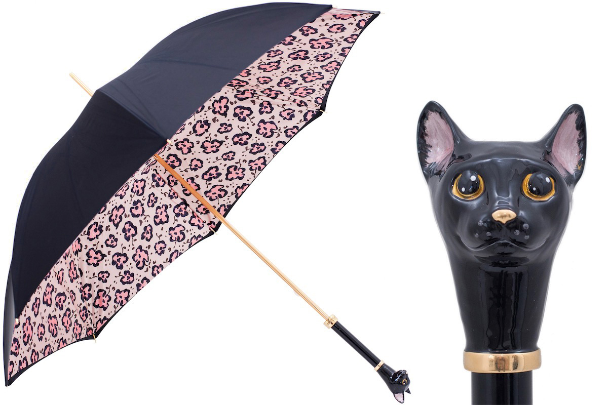 Black Cat Enameled Brass Handle Umbrella with Animalier Print