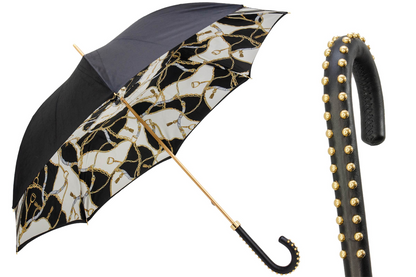 Black Double Cloth Umbrella with Bridles Print and Leather Handle