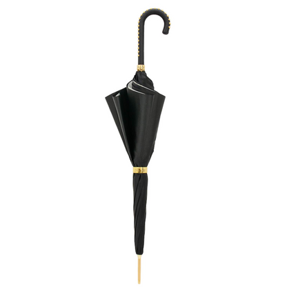 Black Double Cloth Umbrella with Bridles Print and Leather Handle