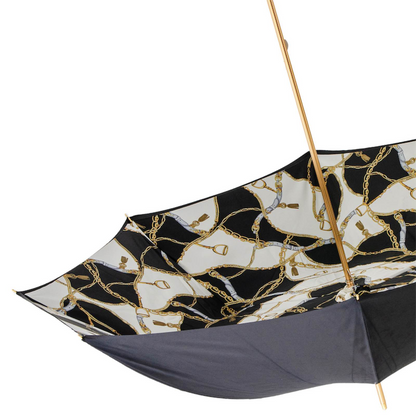 Black Double Cloth Umbrella with Bridles Print and Leather Handle