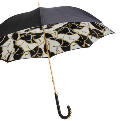 Black Double Cloth Umbrella with Bridles Print and Leather Handle
