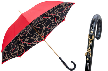 Red Umbrella with Bridles Print and Leather Stirrup Handle