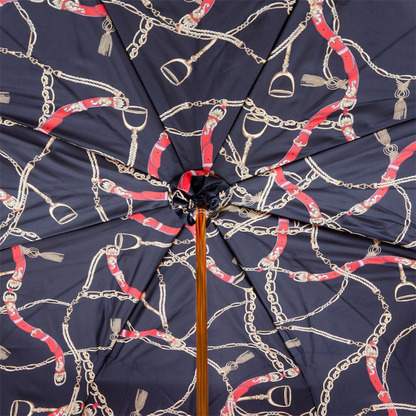 Red Umbrella with Bridles Print and Leather Stirrup Handle