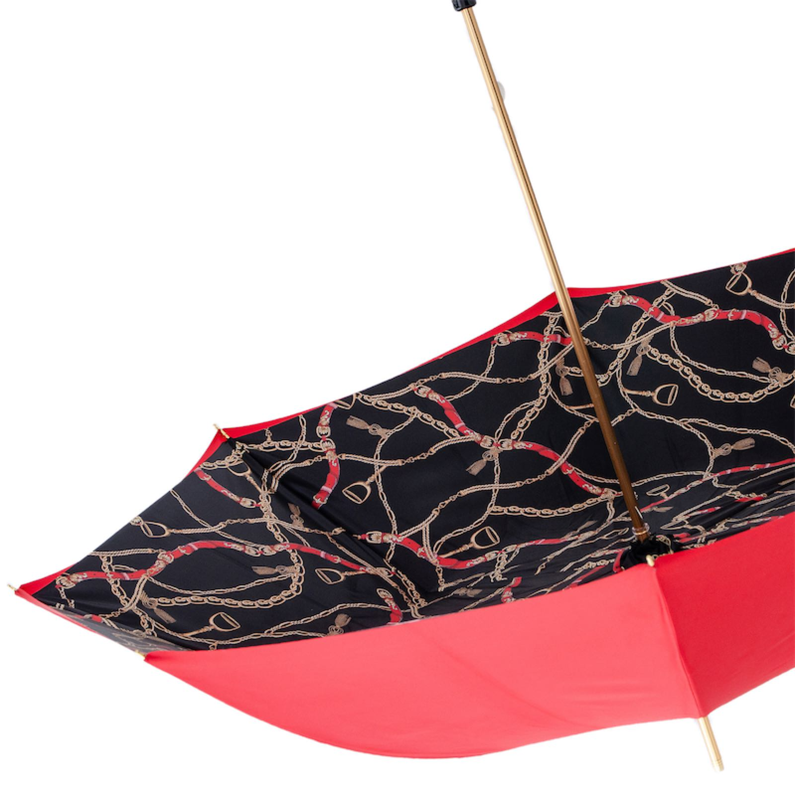 Red Umbrella with Bridles Print and Leather Stirrup Handle
