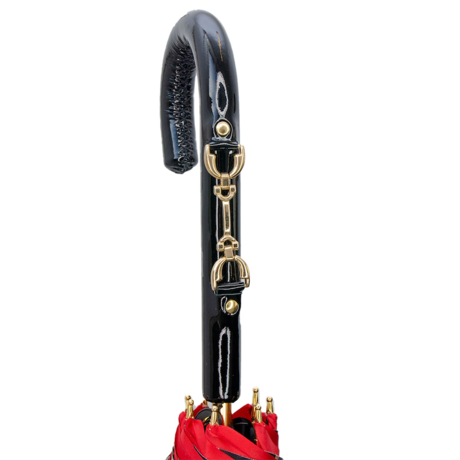 Red Umbrella with Bridles Print and Leather Stirrup Handle