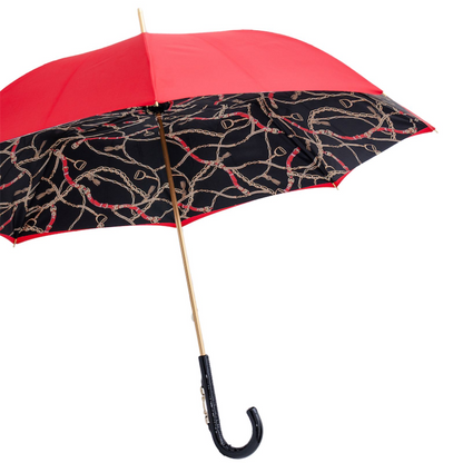 Red Umbrella with Bridles Print and Leather Stirrup Handle