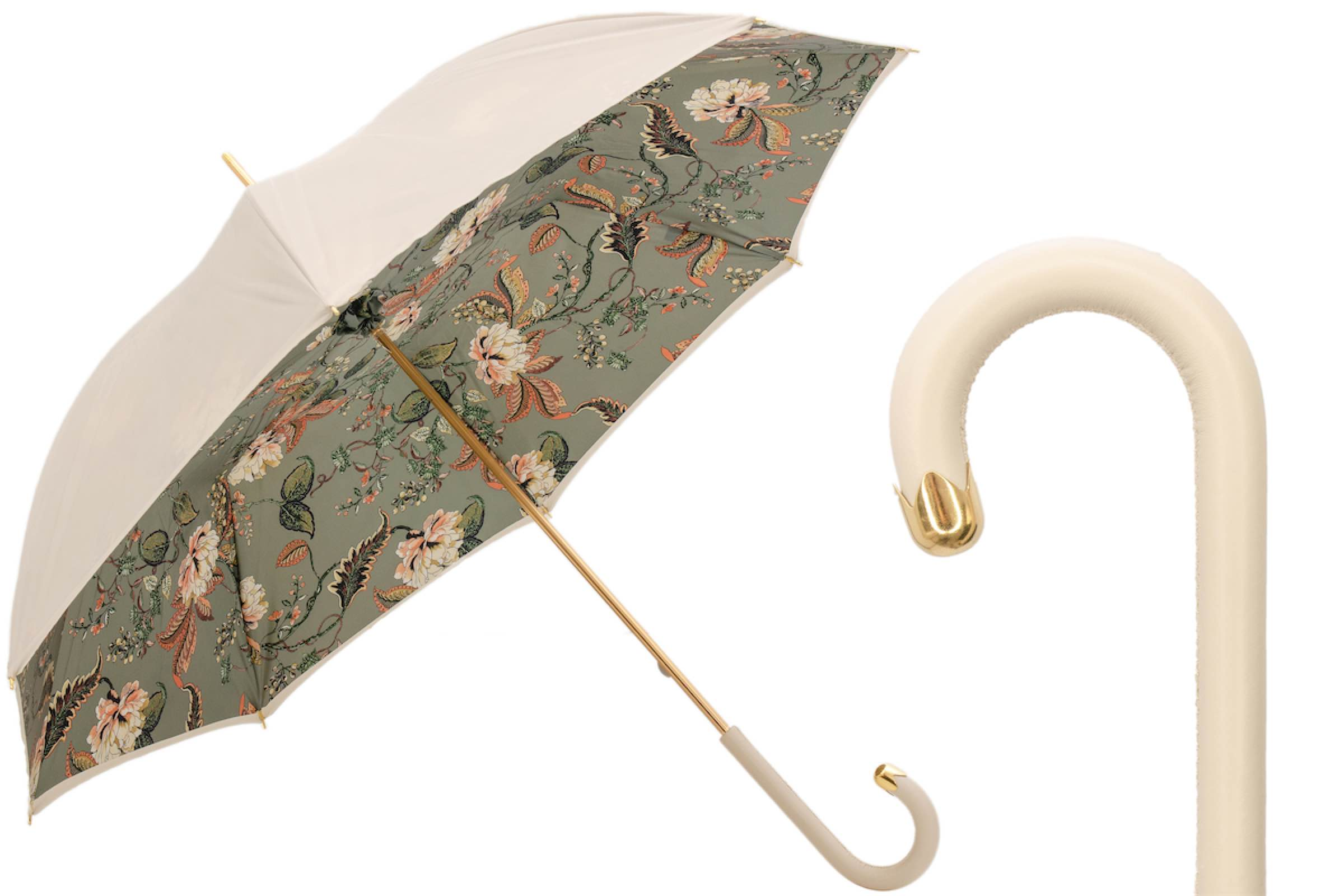 Classic Ivory Umbrella with Leather Handle, Handmade in Italy