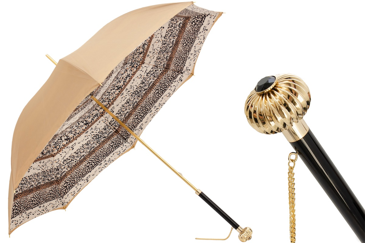 Beige Classic Umbrella with Jeweled Handle, Double Cloth Canopy