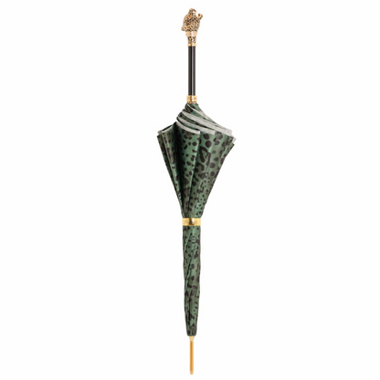 Green Leopardized Panther Umbrella with Enameled Brass Handle