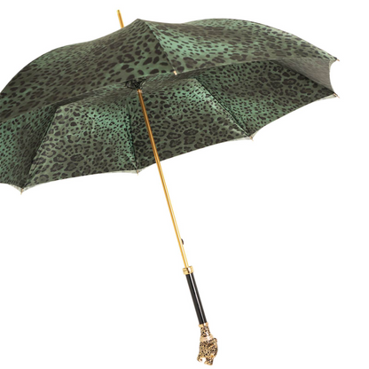 Green Leopardized Panther Umbrella with Enameled Brass Handle