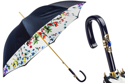 Navy Double Cloth Umbrella with Flowers – Handmade in Italy