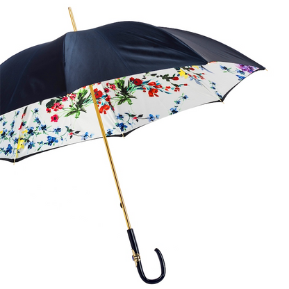 Navy Double Cloth Umbrella with Flowers – Handmade in Italy